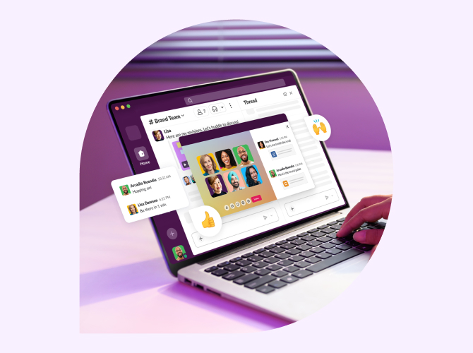 Laptop with a Slack huddle meeting open