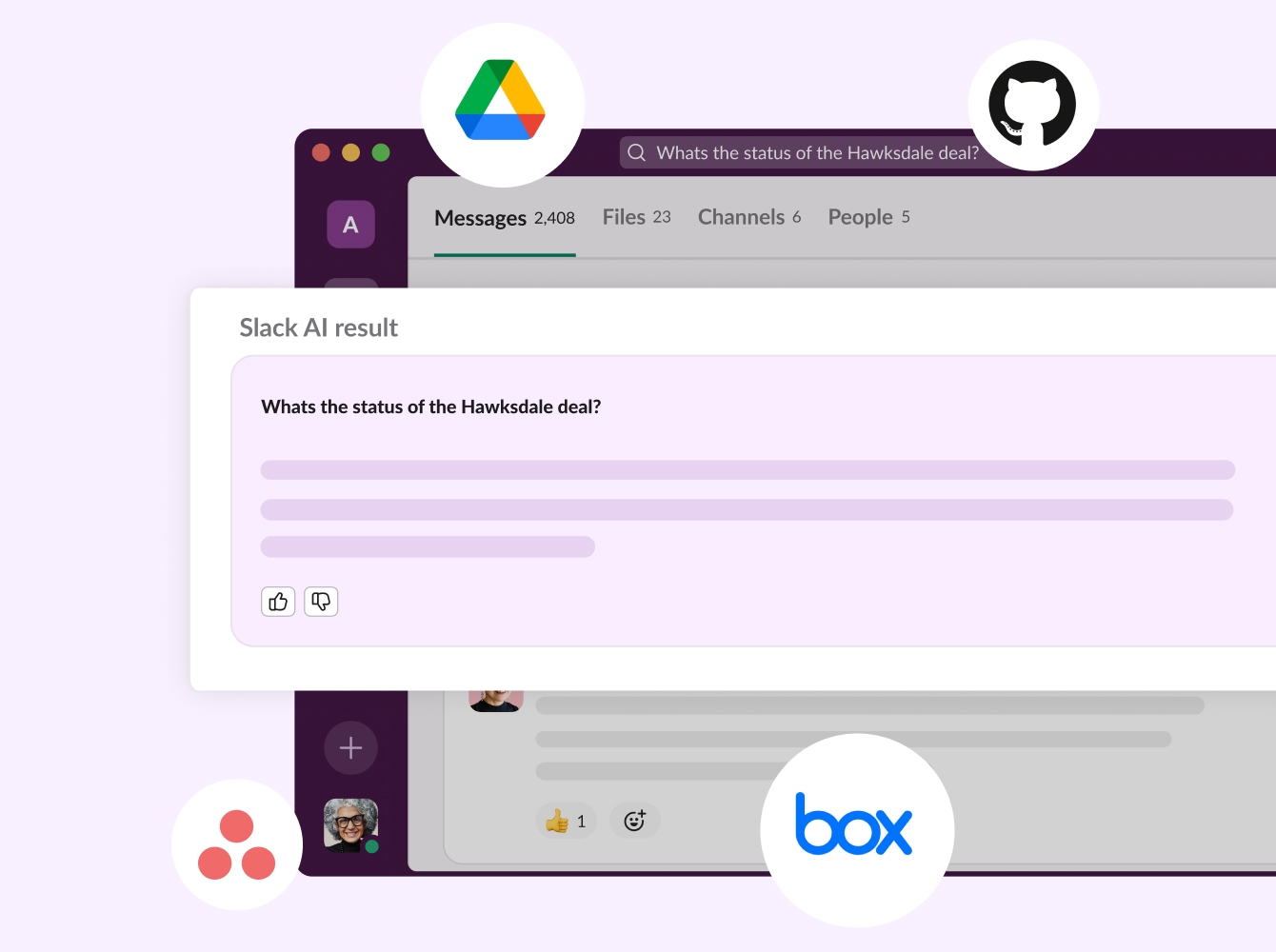 Slack AI result product UI with Google Drive, Asana, Box, and Github icons