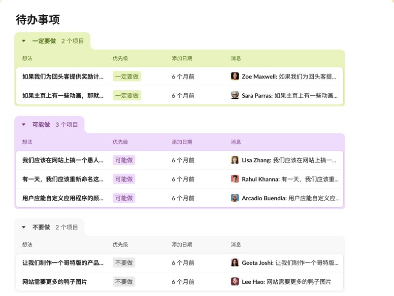 借助 Slack 的待办事项模板，对项目进行收集、排序优先级、存档和跟踪，从而提升团队工作效率。
