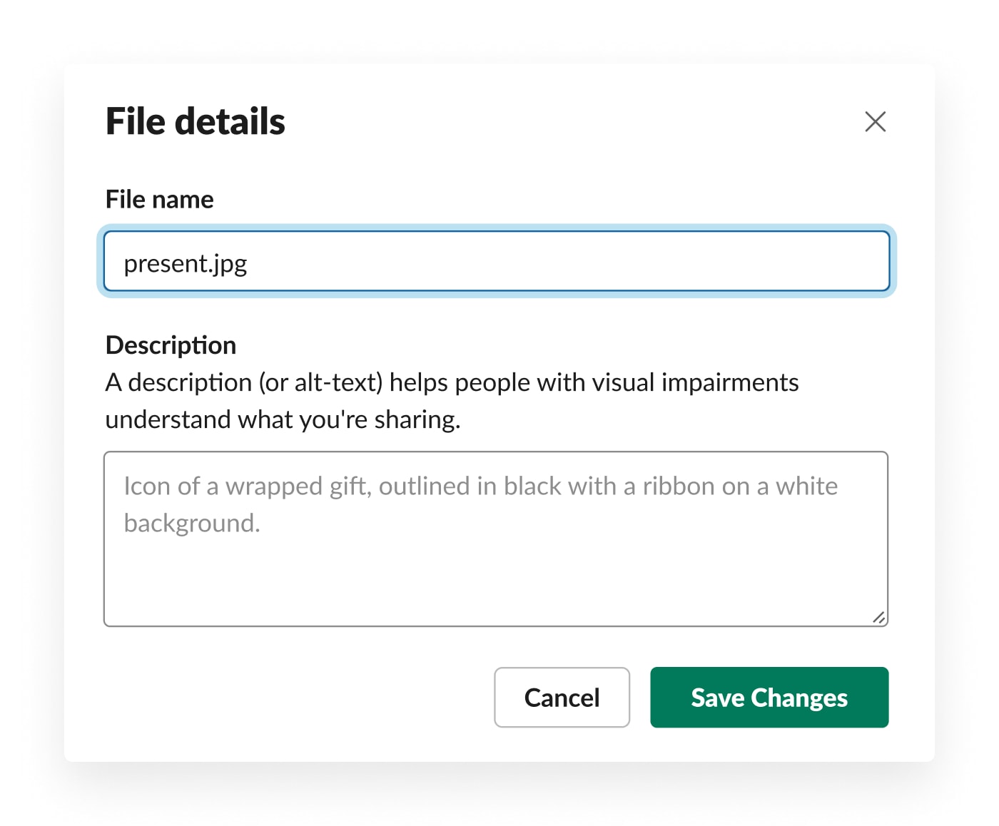 Alt text description of icon uploaded to Slack that writes: "Icon of a wrapped gift, outlined in black with a ribbon on a white background"