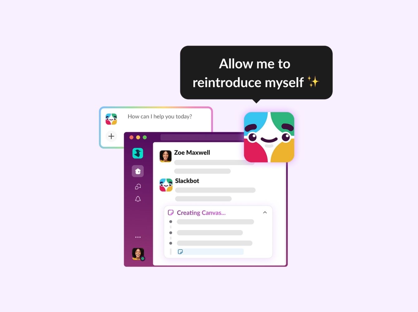 Slackbot interface showing a conversation with colorful Slackbot avatar and speech bubble saying 'Allow me to reintroduce myself' with sparkle emoji, displaying canvas creation feature