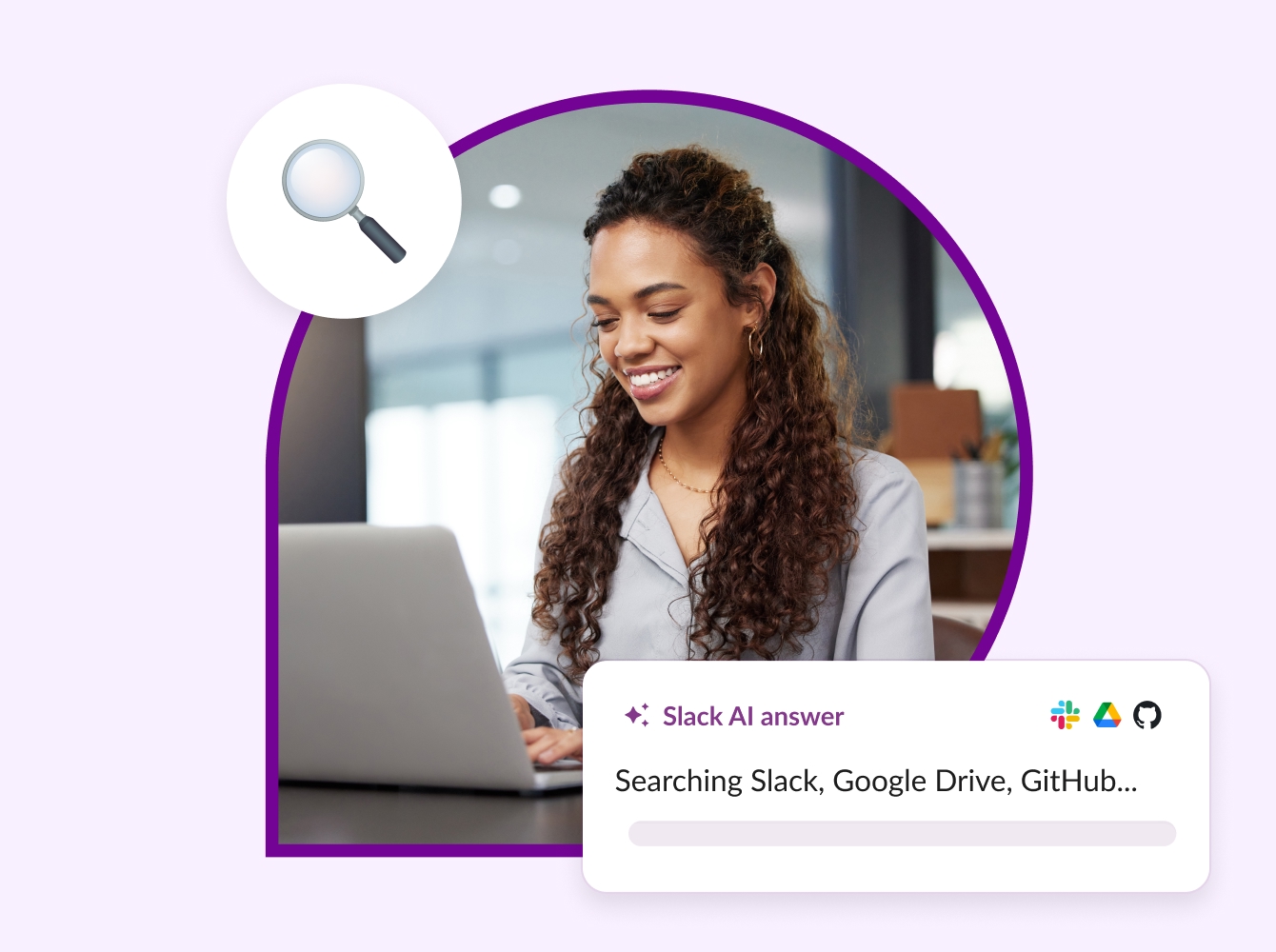 Woman smiling at her laptop with a slack AI answer pop up text