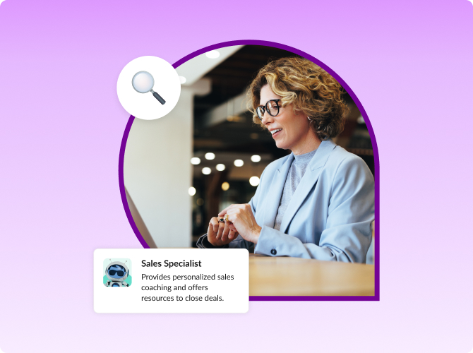 Women in light blue blazer on her laptop with a Sales Specialist Agent Text box over a light purple background