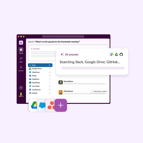 Slack 用户界面，其中显示了 Google、Asana、Microsoft 等集成应用的图标