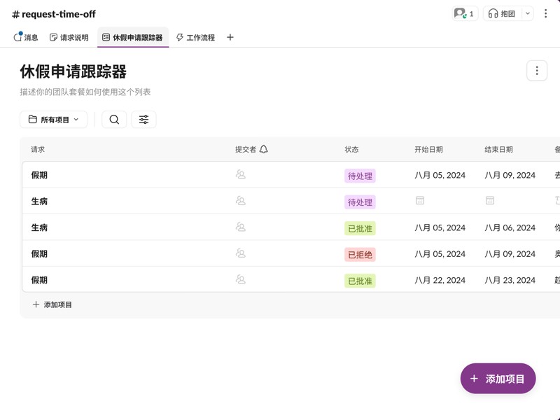 提交和审批带薪休假相关申请的一站式简化方法。
