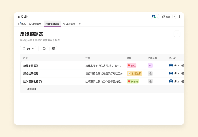 带有列表的反馈跟踪器列表