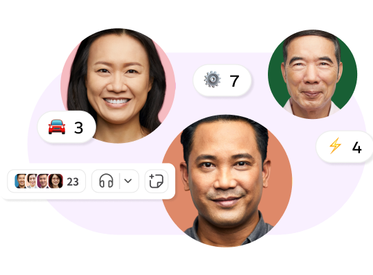 装饰性图像，展示了三个人的头像和一个 Slack 抱团图标